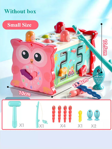 Baby Montessori Fishing Owl Learning Cube with Educational Clock, Kids Hammer Game, Music ,Puzzle and Piano Set